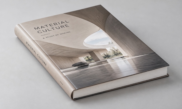 Modern flexibound book titled Material Culture with an architectural cover, rounded spine, and visible page block
