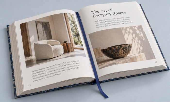 Open hardcover book with a ribbon bookmark running from the head of the spine between the printed pages