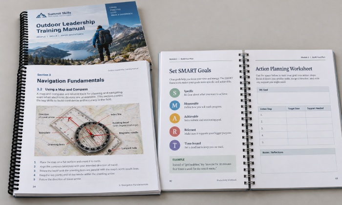 Spiral-bound manual and Wire-O workbook showing flat and 360-degree opening