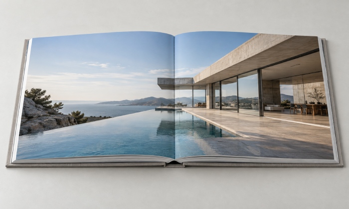 Purpose-built lay-flat sewn hardcover book opened to a photographic spread