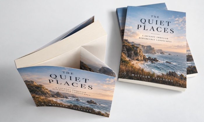 The Quiet Places softcover books with one open copy showing inward-folded French flaps
