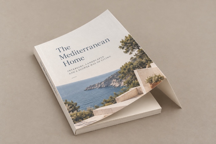 The Mediterranean Home softcover book showing the folded front French flap and scored cover edge