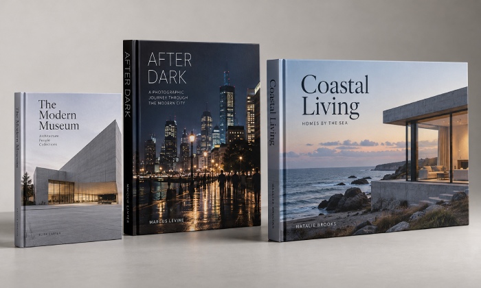 Compact portrait standard hardcover and large landscape book shown at different finished sizes
