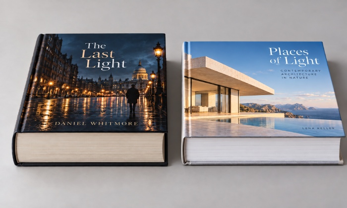 Hardcover novel and photography book showing different page stocks and board requirements