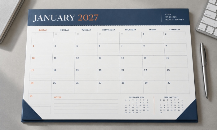 Tear-off desk pad calendar with rigid backing, fixed header and corner holders