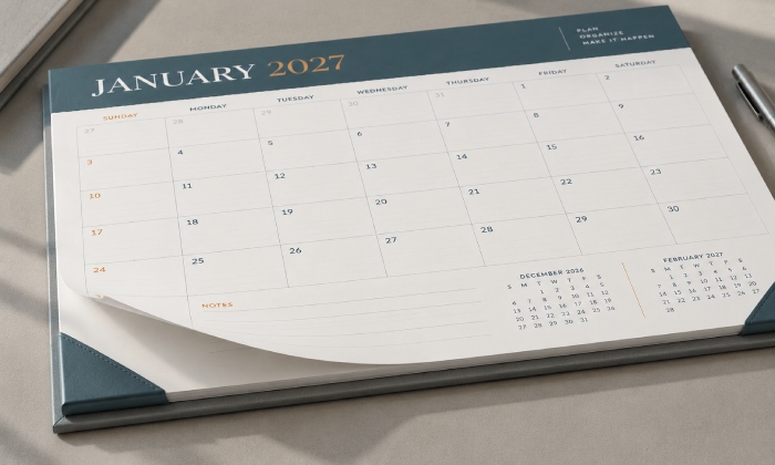 Full-size greyboard backing beneath aligned desk pad calendar pages