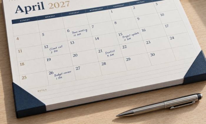 Writable uncoated desk pad calendar pages secured by lower corner holders