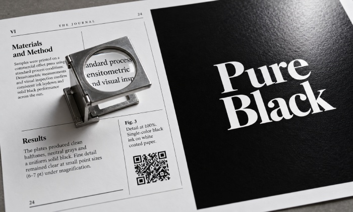 100% K fine text and rich black solid area on a press proof