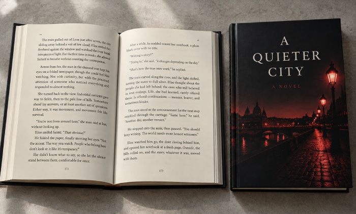 K-only novel interior beside a four-color rich black hardcover