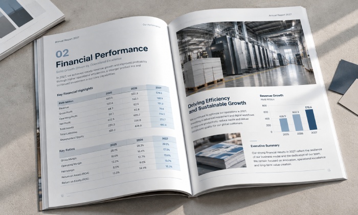 Financial tables and corporate photography printed on matte annual report paper