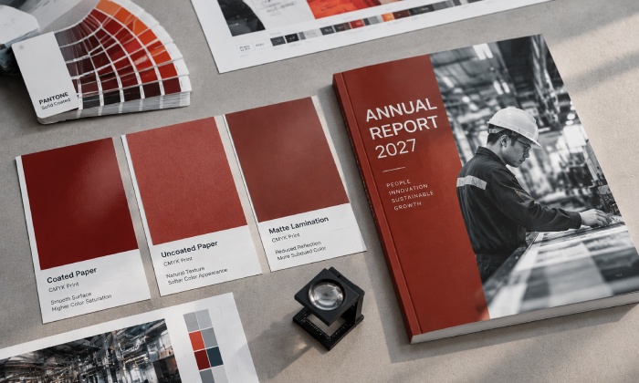 Annual report brand color proofs on coated, uncoated and laminated paper
